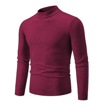 maoxiangshop Autumn New Sweater Men's Half High Neck Basic Solid Color Casual Versatile Round Neck Knit with Slim Fit Elastic Sweater Inside