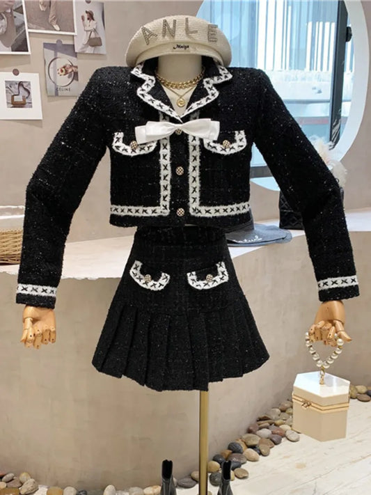 Fashion Small Fragrance Tweed Two Piece Set Women Crop Top Bow Short Jacket Coat + Pleated Skirt Suits Vintage  2 Piece Sets