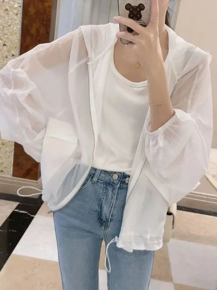 Women Jackets Batwing Sleeve Soft Fashion Summer Hooded Outwear Simple Solid Elegant Sun-proof Ladies Korean  Zipper Tops