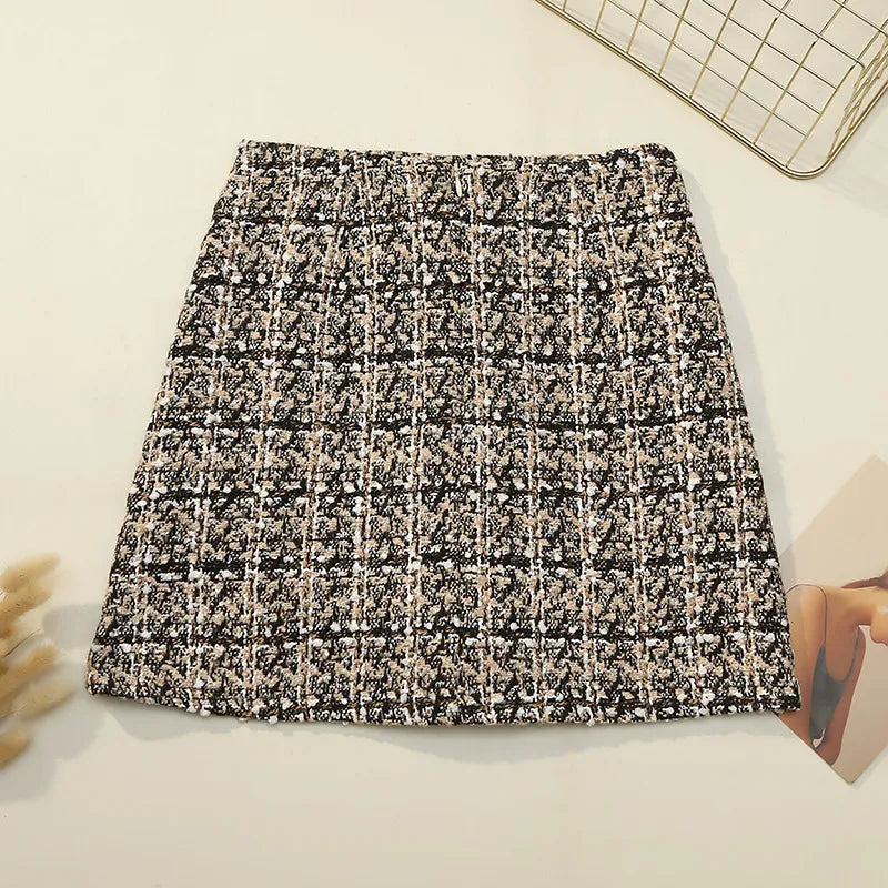 maoxiangshop Fall Winter Plaid Tweed Skirt Womens Thick Woolen Pearl Button Front Pocket Glitter Mini Skirt Saia Feminina