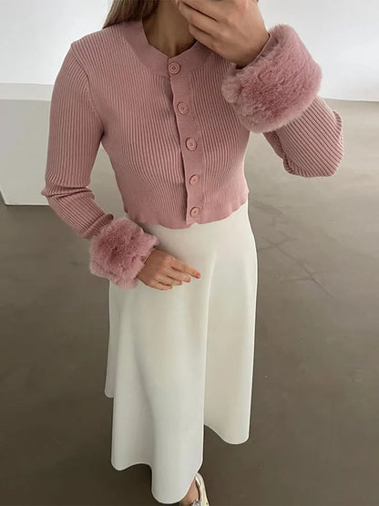 maoxiangshop Women Korean Fashion Cardigan Round Neck Single Breasted Short Knitwear Sweater Elegant Spring Autumn Office Lady Sweaters