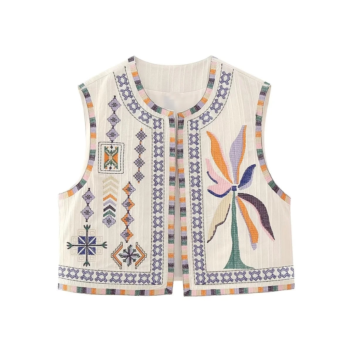 maoxiangshopWomen Fashion Y2k Vintage Floral Embroidery Vest Top V Neck Loose Casual Summer Woman Short Cardigan Waistcoat Chic Tops
