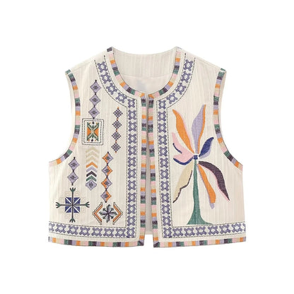 maoxiangshopWomen Fashion Y2k Vintage Floral Embroidery Vest Top V Neck Loose Casual Summer Woman Short Cardigan Waistcoat Chic Tops