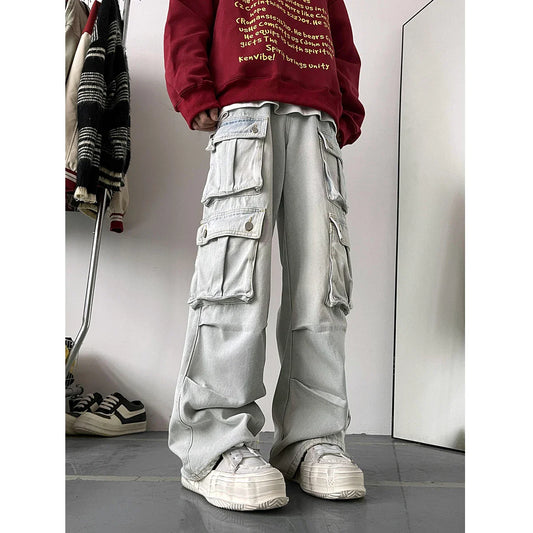 maoxiangshop Light Blue Cargo Jeans Men's Patchwork Straight Casual Trousers Men Muti-pockets Hip Hop Streetwear Loose Fashion Pants