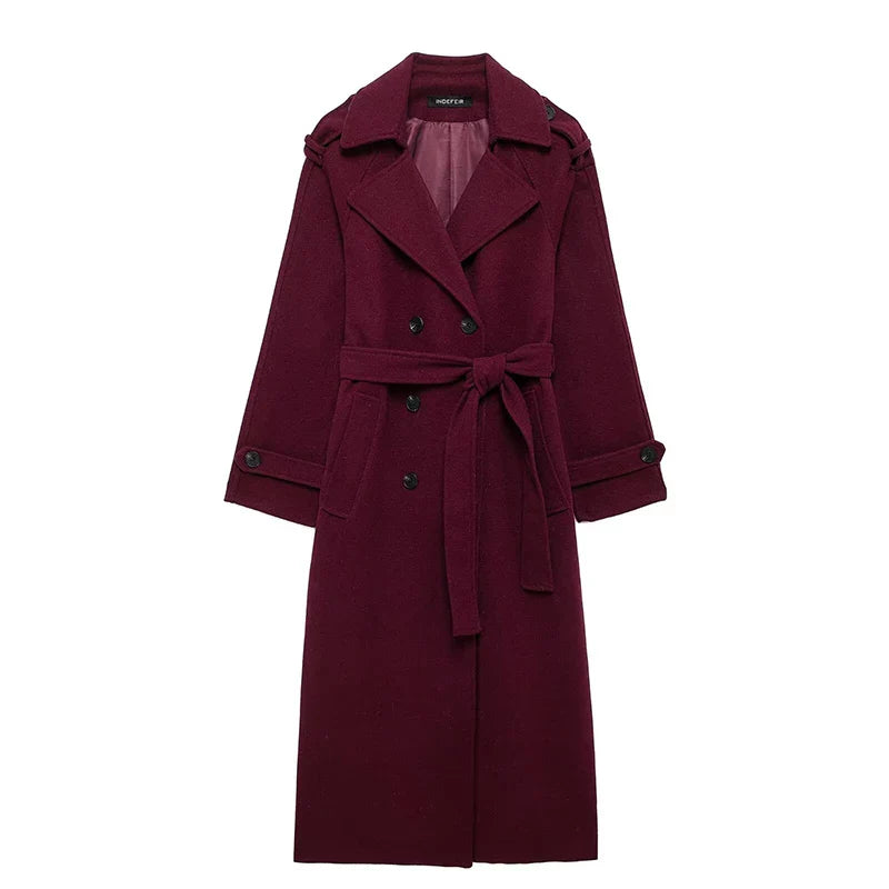 maoxiangshop  -  Women Solid Woolen Long Coat With Belt Fashion Double Breasted Lapel Oversize Jacket Autumn Female High Street Outerwear