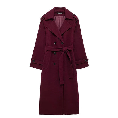 maoxiangshop  -  Women Solid Woolen Long Coat With Belt Fashion Double Breasted Lapel Oversize Jacket Autumn Female High Street Outerwear