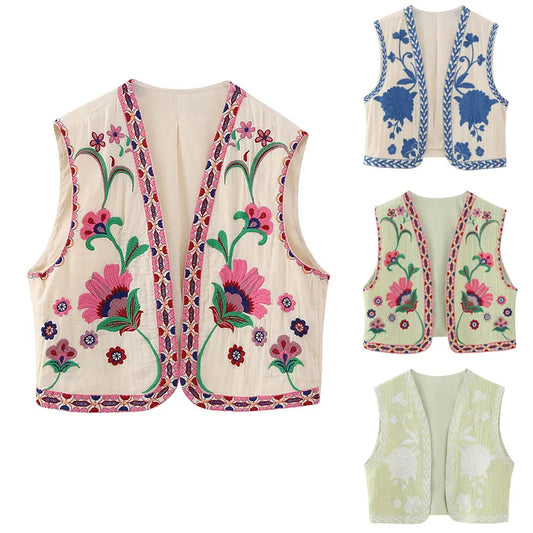 maoxiangshopVintage Women Floral Embroidery Vest Jackets Summer National Style Open WaistCoat Casual Patchwork V Neck Ladies Short Vest Tops