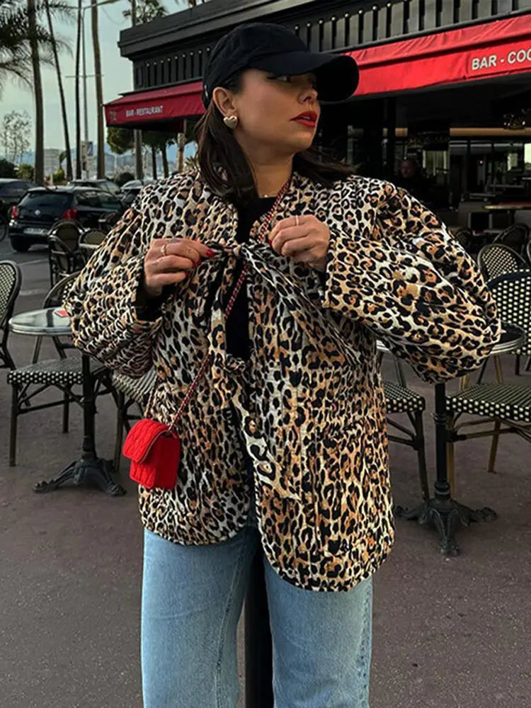 maoxiangshop  -  Autumn Winter Leopard Print Lace-up Padded Jacket Women Chic Long Sleeve Collarless Loose Coats 2024 New Lady Fashion Streetwear