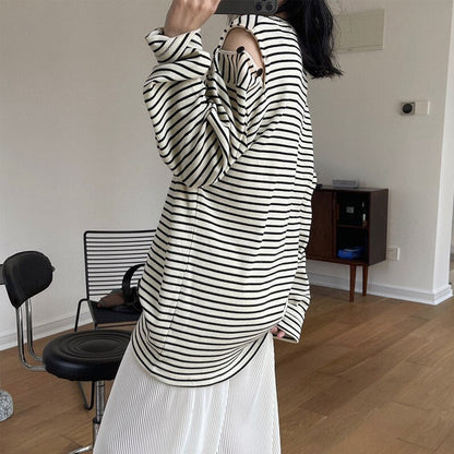 maoxiangshop Spring And Autumn Women's Casual Striped Sweatshirt Round Neck Long-sleeved Off-the-shoulder Loose Sweater