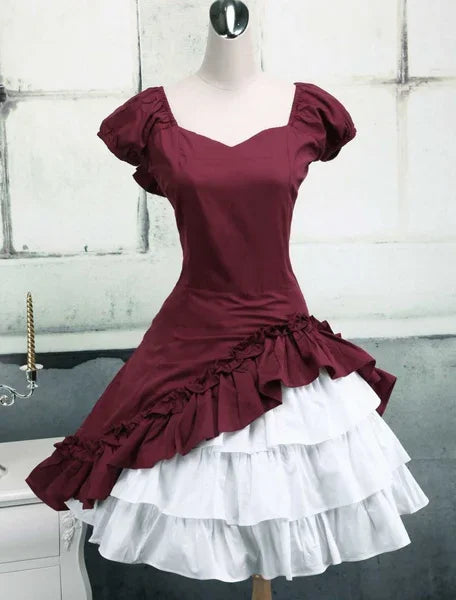 maoxiangshop  -  Wine White Lolita OP Dress Short Sleeves Withe Ruffles Lolita Black Dress  plus Size Lolita