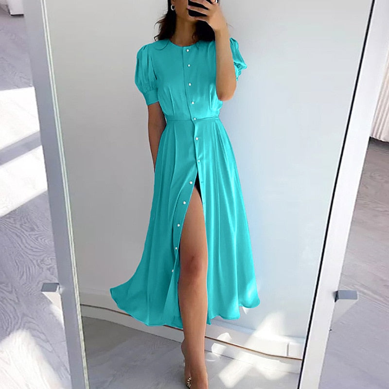 maoxiangshop Women's Summer Long Dress Slit Orange Elegant Short Sleeve Maxi Dresses Office Ladies Buttons Holiday Shirt Dress For Women