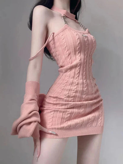 maoxiangshop knitted Two Piece Sets Fashion Hot Girl Outfits For Women Suit Crop Top pink cardigan Female Mini Wrap knitted dresses Woman