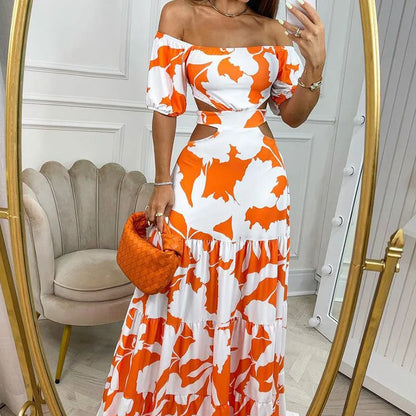 maoxiangshop 2024 Smmer Elegant Off-Shoulder Tropical Print Maxi Dress with Cut-Out Details – Comfortable Stylish Women's Beach Tiered Dress