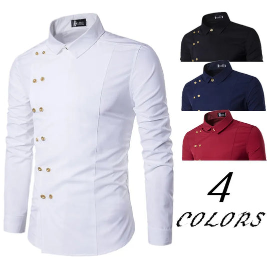 maoxiangshop Men's Diagonal Placket Double Breasted Slim Fitting Fashion Long Sleeved Shirt
