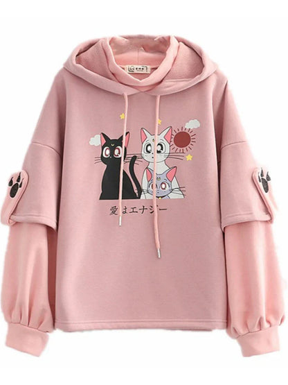 maoxiangshop Fleece Pink Winter Hooded Sweatshirt Cartoon Cat Print Cute Hoodies Sweet Style Girl Long Sleeve Kawaii Harakuju Pullover Top