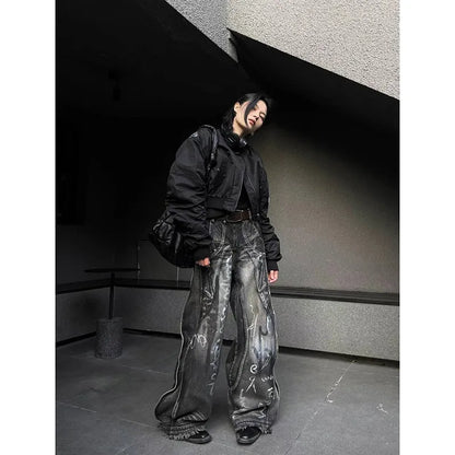 Women's Black Gothic Jeans Harajuku Y2k 90s Aesthetic Baggy Denim Trousers Korean Punk Jean Pants Vintage 2000s Trashy Clothes