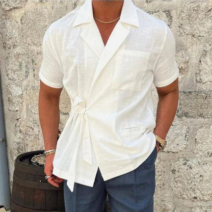 maoxiangshop Summer Solid Color Linen Short-sleeved Shirt Suit Lapel Strap French Elegant Gentleman Loose Casual Simple Top Men's Clothing