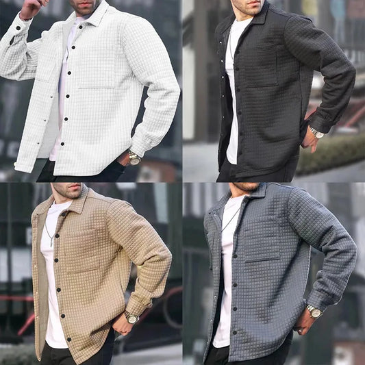 maoxiangshop Autumn Men Cardigan Small Checkered Long-sleeved Coat Shirt Men's Fashion Casual Large Size