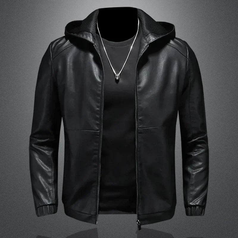 maoxiangshop Hooded PU Jackets Men Biker Jacket Spring Autumn Leather Jacket Coat Male Fashion Casual Black PU Leather Coat Big Size 5XL