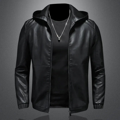 maoxiangshop Hooded PU Jackets Men Biker Jacket Spring Autumn Leather Jacket Coat Male Fashion Casual Black PU Leather Coat Big Size 5XL