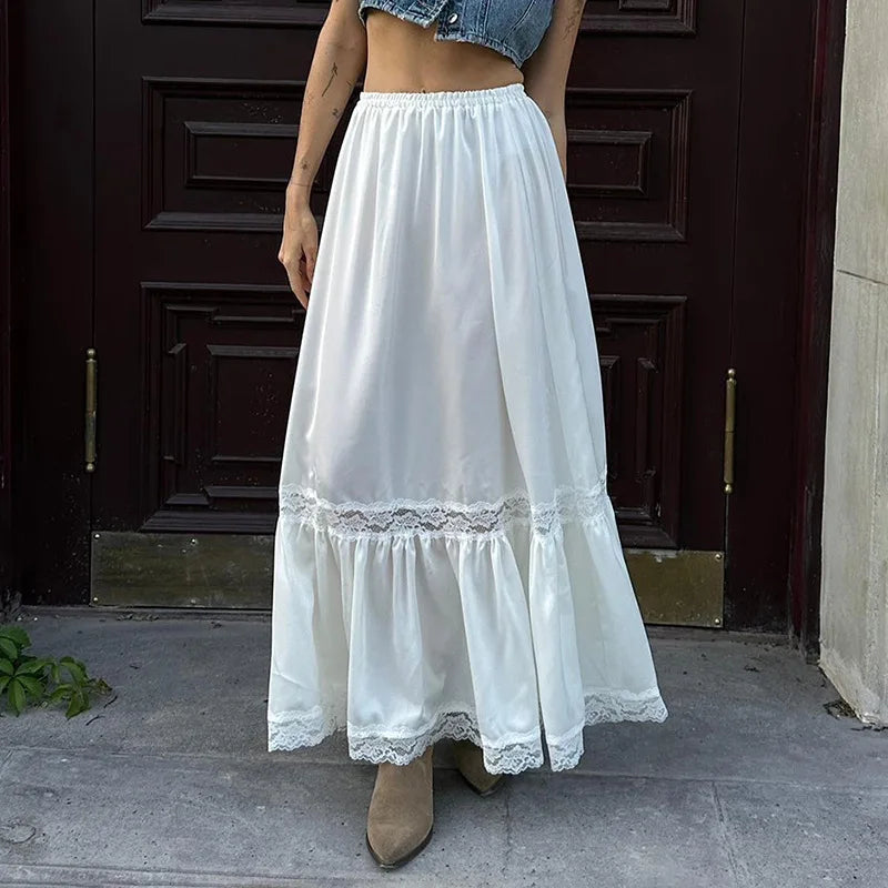 maoxiangshop -  Women's Autumn and Winter New Lace Splicing Low Waist Swing Skirt Elegant Casual Long Skirt Vestidos