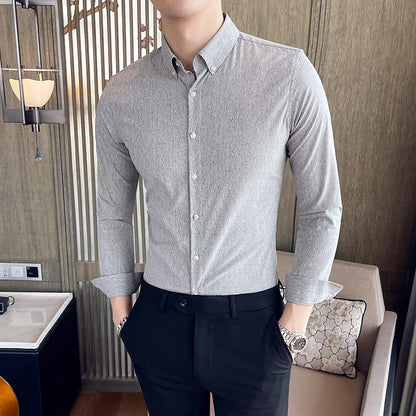 maoxiangshop Mens Shirts Autumn New Long Sleeve Stripe Dress Shirt Solid Casual Formal Wear Slim Fit Chemise Homme Camisas Men Clothing