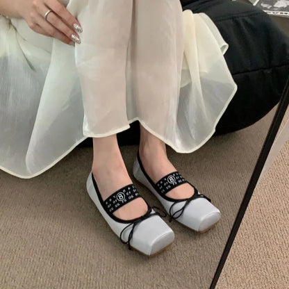 maoxiangshop  -  NEW Spring/Autumn Number 8 Flats Women Slip on Shoes Fashion Mary Jane Shoes Square Toe Women's Shoes Bow Silk Ballet Flats