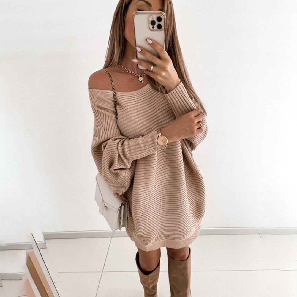 maoxiangshop Sexy Off Shoulder Long Sleeve Sweater Dress Women Spring Loose Casual White Knitted Long Top Woman Mini Dresses Pull Femme