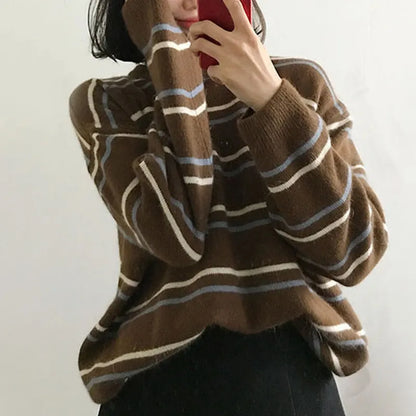 maoxiangshop Women Pullovers Crew-Neck Knitted Jumper New Student Striped Sweater Aesthetic  Outfit