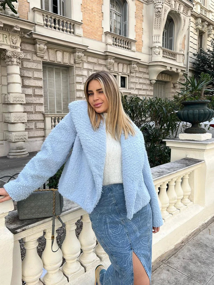 maoxiangshop -  Lapel Collar Long Sleeve Plush Coat Women Elegant Thicken Warm Short Jacket Autumn Winter Lady Fashion Party Prom Outwears