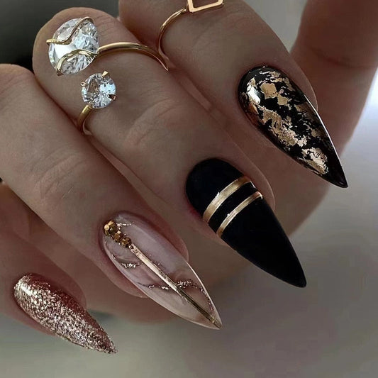 24Pcs Long Stiletto Press on Nails Box Acrylic False Nails with Almond Designs Black Gold Foil French Full Cover Fake Nail Tips