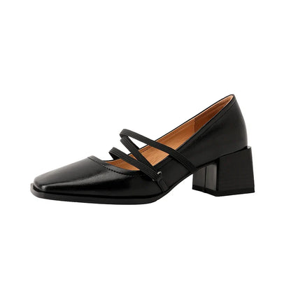 maoxiangshop -  Spring/Autumn Fashion Women Shoes SquareToe Chunky Heel Shoes Women Cow Leather Med Heel Women Pumps Solid Retro Mary Janes