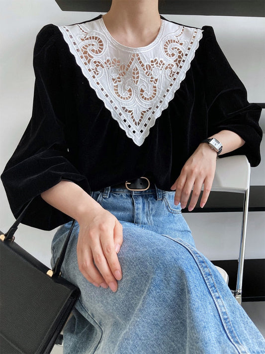 maoxiangshop Fashion Velvet Patchwork Lace Tops Women Lantern Long Sleeve Black T-shirts Female Streetwear Pullovers Autumn Clothes