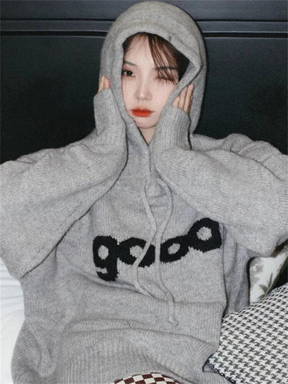Deeptown Y2k Vintage Grey Sweater Pullover Women Streetwear 90s Aesthetic Oversize Jumper Harajuku Fashion Casual Knitted Top