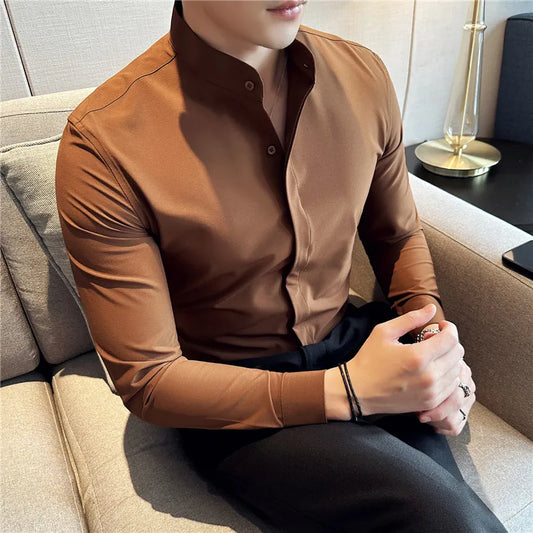 maoxiangshop Camisas De Hombre Stand Collar Luxury Shirts For Men Quality Camisa Masculina Stretch Slim Fit Mens Dress Shirts Formal Clothes