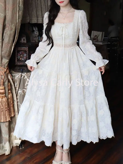 Elegant Vintage Fairy Dress Women Summer Long Sleeve Casual Princess Dress Female Court Retro Even Party Dress Korean Style