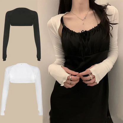 Women Thumbhole Long Sleeve Shrug Solid Color Open Front Cropped Cardigan Top Bodycon Slim Fit Sunscreen Arm Cover Jacket Gloves