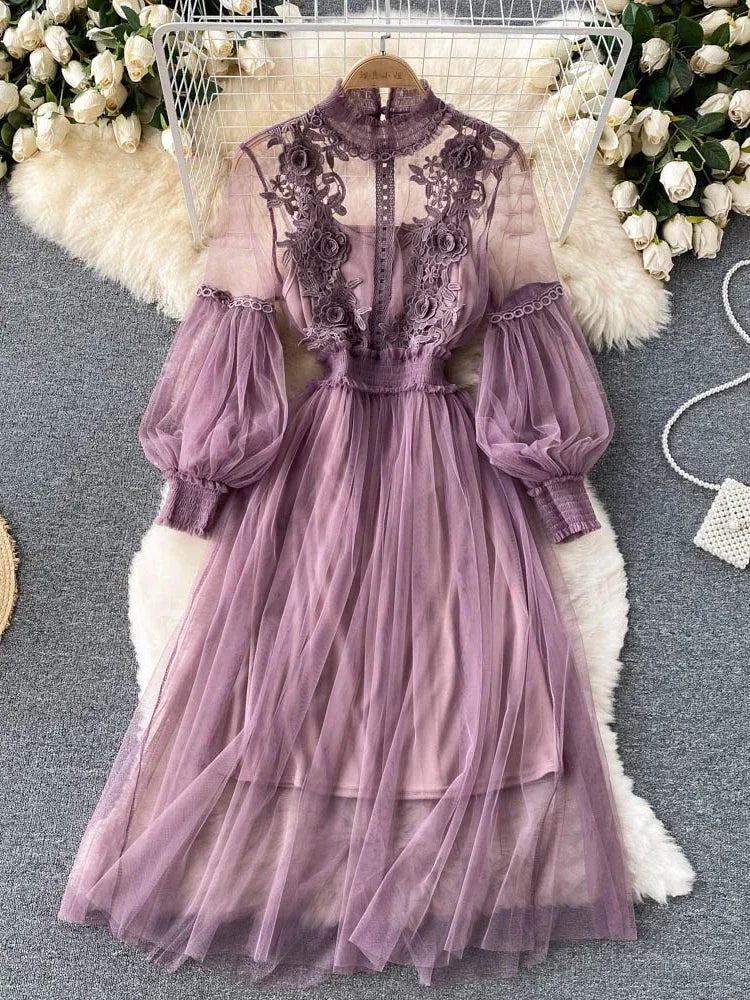 maoxiangshop Ladies Dress Three-dimensional Flower Hook Mesh Temperament Stand Collar Lantern Sleeve High Waist Slim Female Dresses