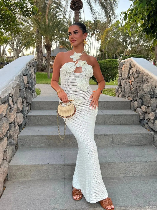Sexy 3D Flower Knitted Dress Women  Hollow Out Halter Sleeveless Beach Long Dresses Female Summer Vacation Ladies Vestidos