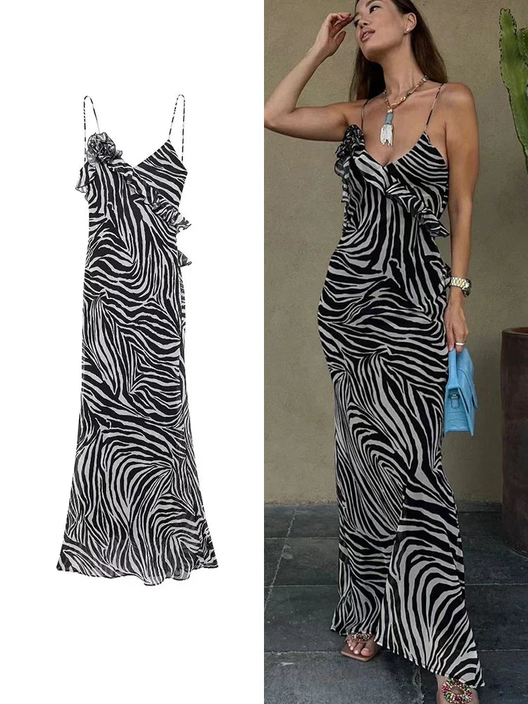 Sexy Women 3D Flower Strap Long Dress New Summer V-neck Sleeveless Ruffles Striped Dress Elegant Ladies Beach Party Dress