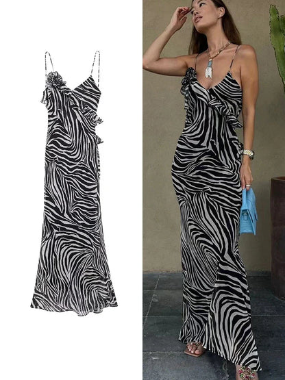 Sexy Women 3D Flower Strap Long Dress New Summer V-neck Sleeveless Ruffles Striped Dress Elegant Ladies Beach Party Dress