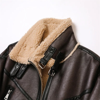 Woman's Fashion Thick Warm Faux Shearling Jacket Coat Vintage Long Sleeve Belt Hem Female Outerwear Chic Tops