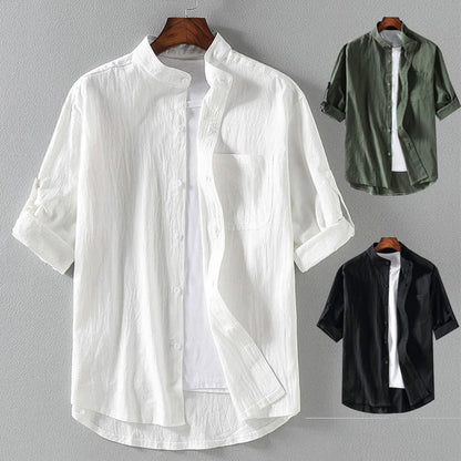maoxiangshop Spring and Summer Stand Collar Five-point Mid-sleeve Fashionable Men's Short-sleeved Shirt Seven-point Sleeve Large Size Men's