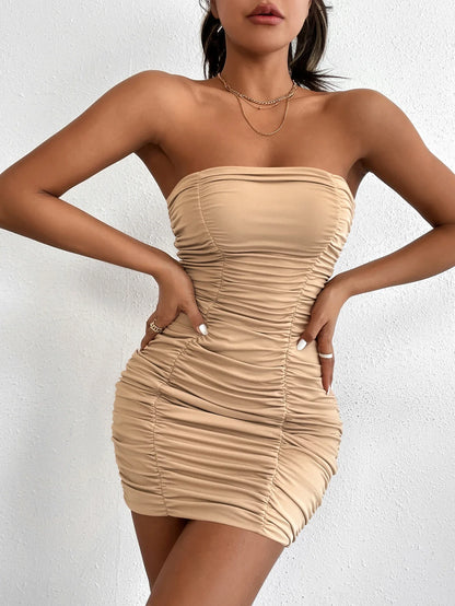 maoxiangshop Sexy Women Pleated Mini Dress Solid Party Elegant Sleeveless Slim Bodycon Club Dresses Strapless Streetwear