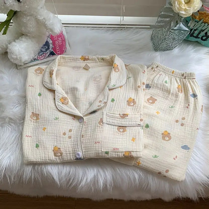 maoxiangshop  -  Cotton Double-layer Gauze Pajamas For Women's Fashion Cute Carrot Print Long Sleeve Tops + Pant Home Clothing Two-piece Set