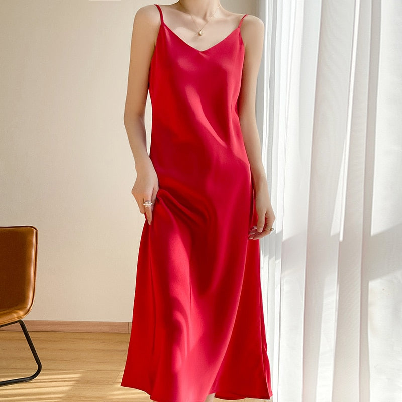 maoxiangshop Tri-Acetate Satin Silky V-Neck Temperament Female Summer Beautiful Silk Suspender Dress New Long Skirt Is Thin