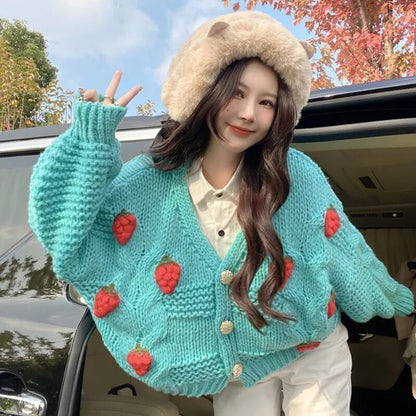 maoxiangshop Women Harajuku Strawberry Loose Cardigan Sweater Fall Fashion Long Sleeve Korean Tops Chic Female Preppy Style Y2k Sweater