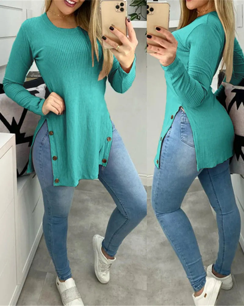 maoxiangshop Pit strip solid color round neck slit button long sleeve T-shirt large size women's blouse