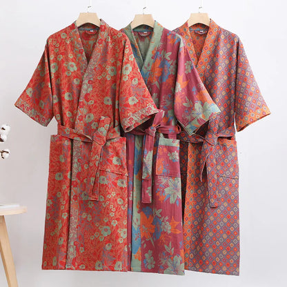 Couple's Dressing Gowns Vintage Print Loungewear Double Layer of Cotton Bathrobes Women's Pajamas Absorb Water and Dry Quickly