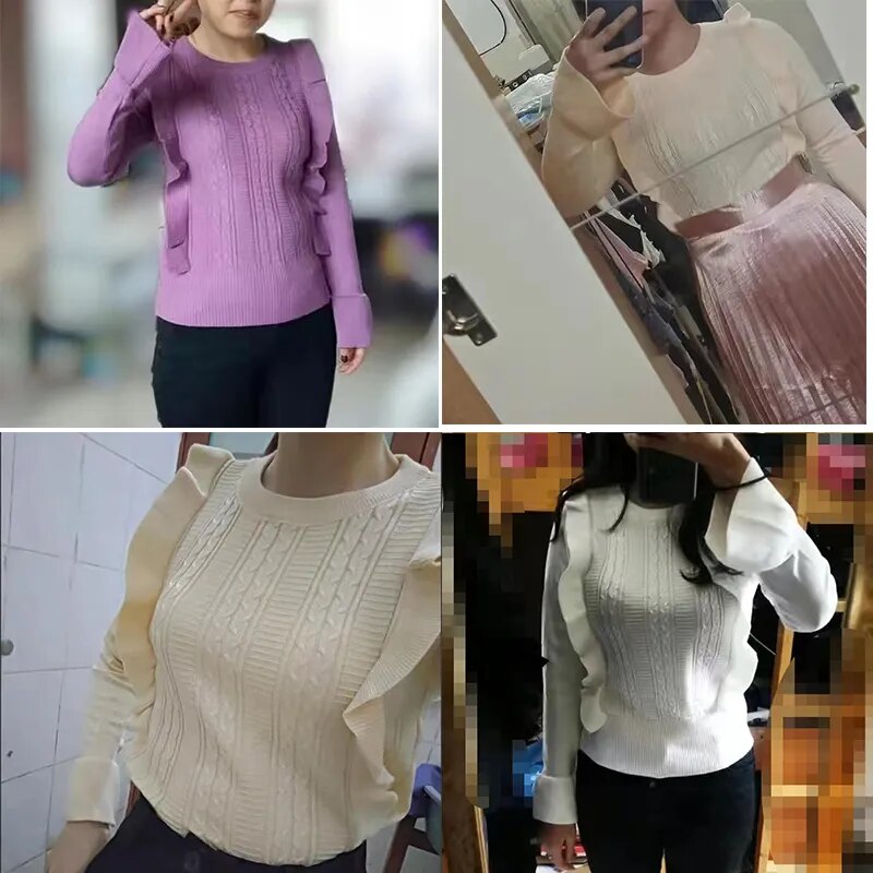 maoxiangshop Ruffles Long Sleeve Sweaters for Women Solid Color Round Neck Knitted Woman Jumper Autumn Winter All Match Soft Sweater